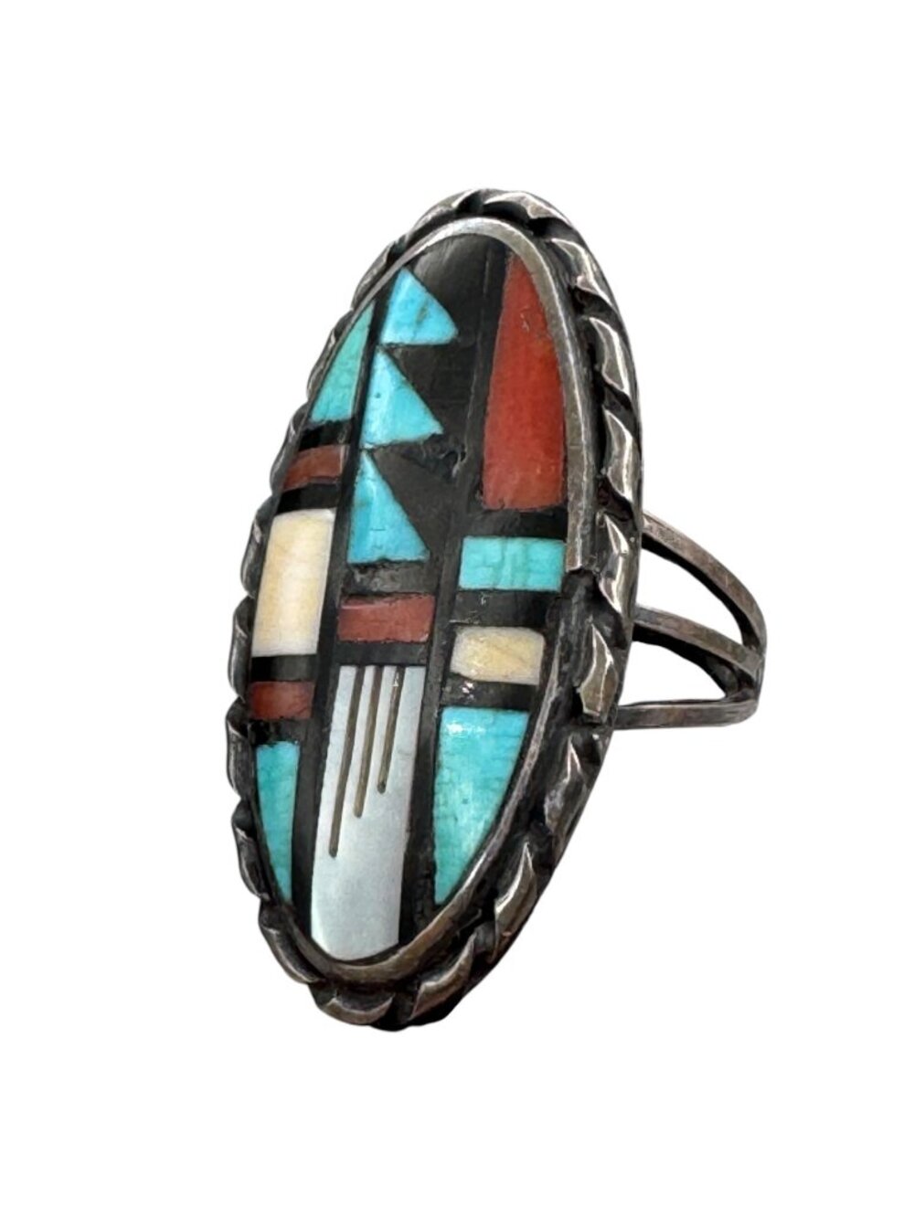 Zuni Sterling Silver Inlay Ring Signed J.R.B. Size 6.75 Bowannie Vintage 1970s - Picture 4 of 14